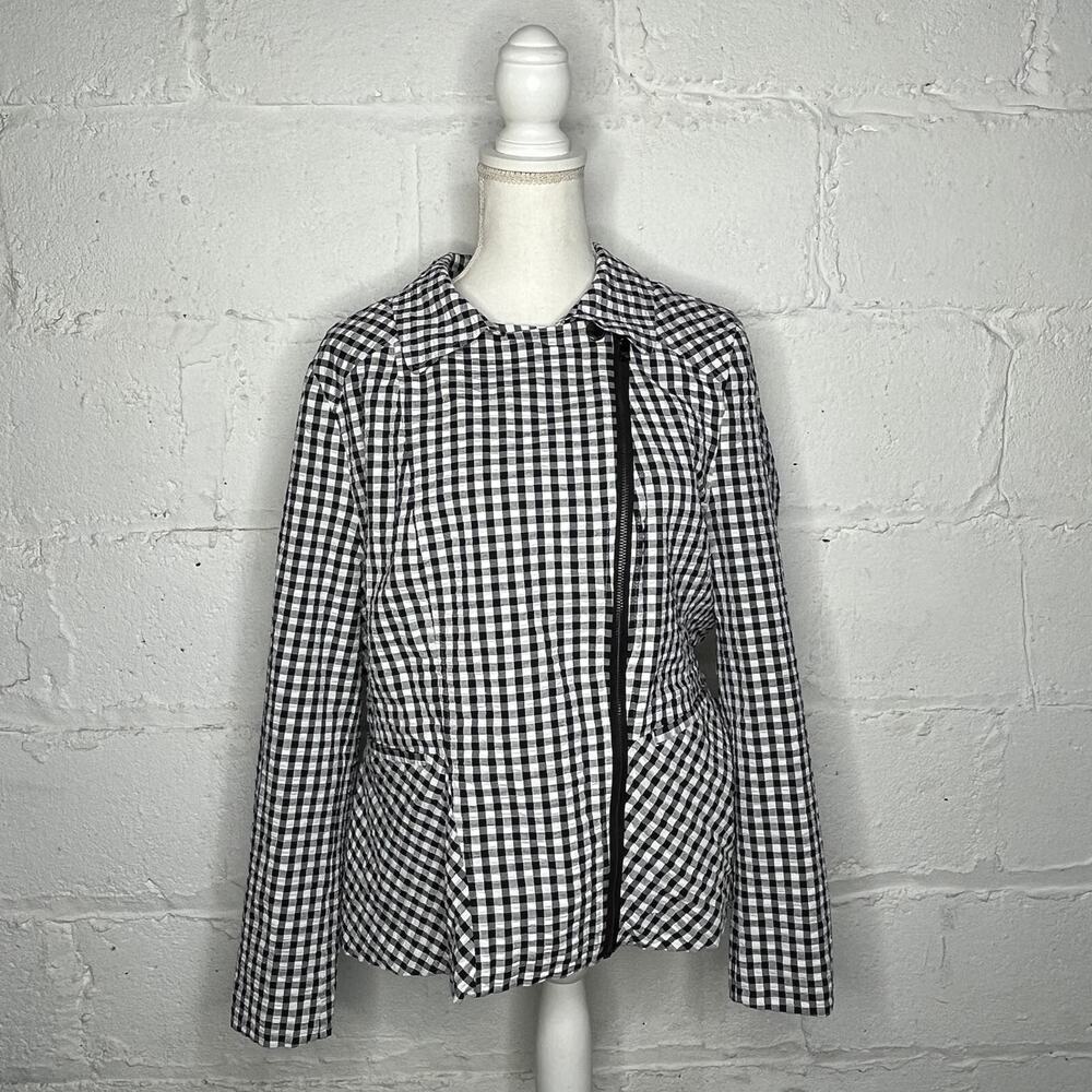 Isaac Mizrahi Live Women's Black White Gingham Moto Blazer Jacket Size Large